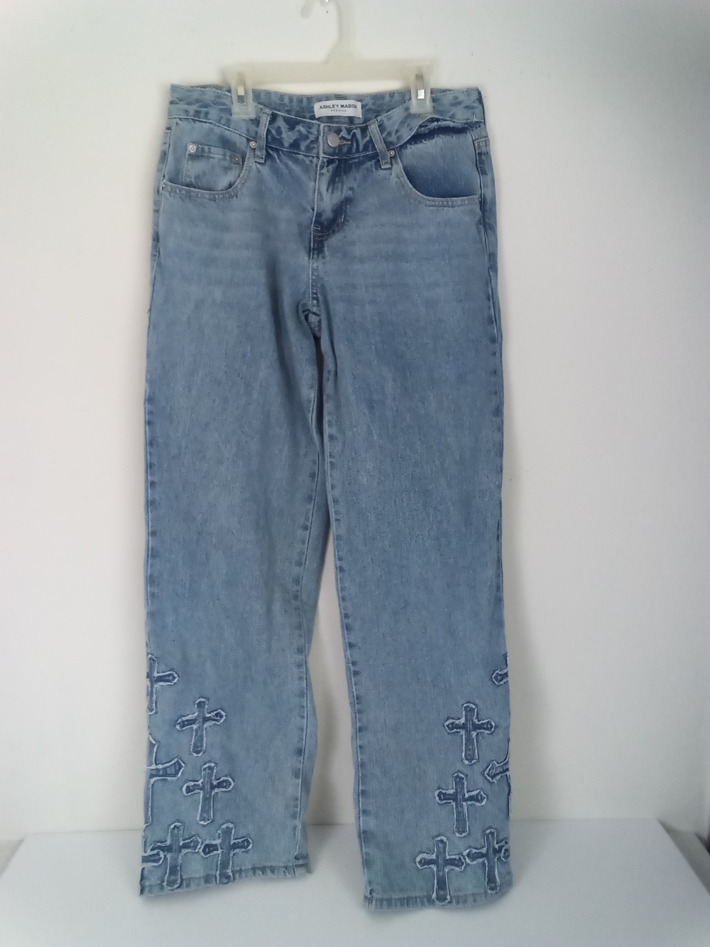 Ashley Mason Light Blue Wide Leg Jeans Cross Applique Patches Boho Hippie